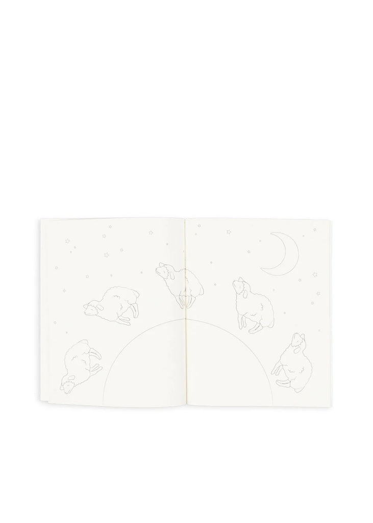 An open sketchbook displaying faint pencil drawings of five rabbits scattered across two pages, with stars and a crescent moon in the background. The rabbits are in various poses, appearing to float above a lightly drawn arc, likely representing a hill or horizon — perfect inspiration for your next creative activity with the Coloring Book and Colored Pencils - Farm set.