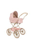 Introducing the Konges Sloejd Doll Pram in Powder Pink Checkers, featuring a vintage-style design with a pink and white checkered quilted fabric. This elegant pram boasts four large spoked wheels and a curved handle, complete with a padded mattress in the covered bassinet for a classic look.