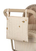 The Konges Sloejd Mini Doll Pram in Lemon features a beige stroller adorned with a quilted fabric bag in a simple lemon pattern hung elegantly from the handle, exuding vintage style. Below, a cushioned storage basket ensures plenty of room for your essentials. Please note it ships in approximately one week.