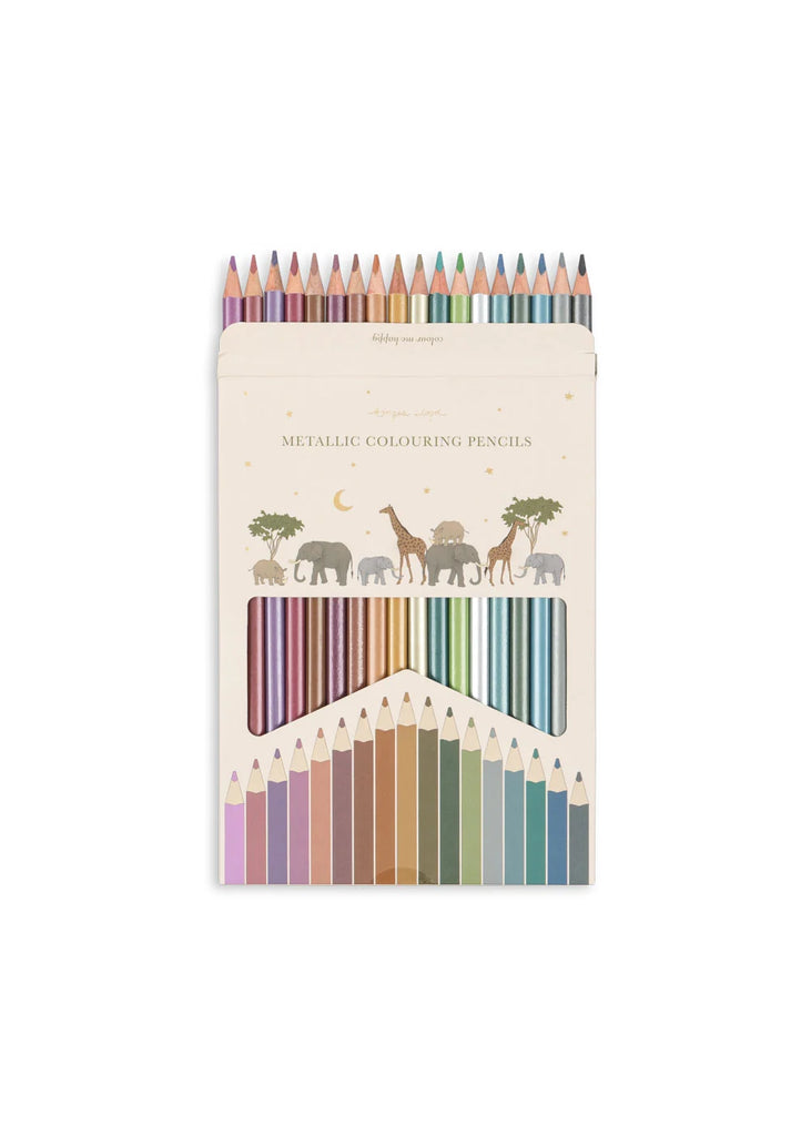 A box of Konges Sloejd Metallic Coloring Pencils with triangular barrels, featuring an illustration of safari animals and the text “METALLIC COLOURING PENCILS.”