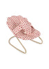 The Konges Sloejd Doll Bouncer - Rosie Rose features a beige metal frame, a pink flower-patterned seat with scalloped edges, and a safety harness for baby dolls.