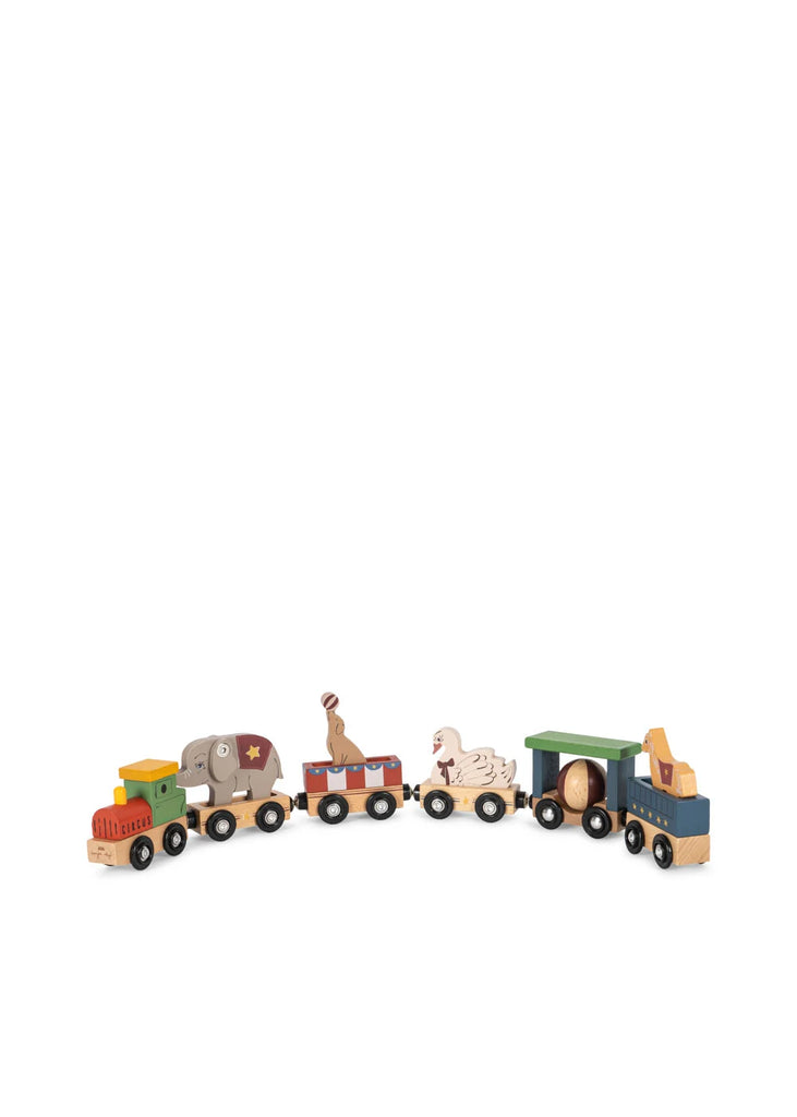The Konges Sloejd Wooden Animal Train is a beechwood toy set featuring five colorful cars, each carrying different animals like an elephant, giraffe, and swan. The magnetic train cars easily connect together and are displayed against a white background.