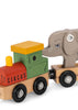The Konges Sloejd Wooden Animal Train features a “Circus” wooden train with a cheerful yellow roof, pulling a small cart that carries a charming gray elephant with painted eyes and ears. Crafted from smooth beechwood and equipped with magnetic connectors, this colorful set brings delightful charm to any playroom.