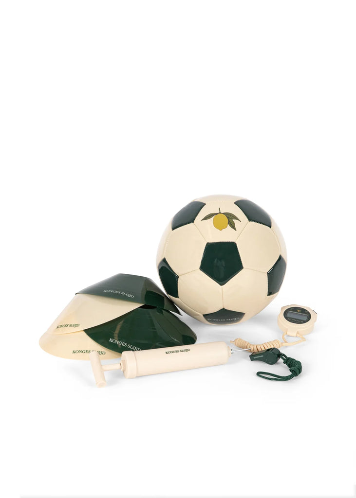 The Konges Sloejd Football Set includes a cream and dark green football, two coordinating training cones, a white air pump, and a digital stopwatch with a green cord—all arranged on a white background—making it an ideal all-in-one kit for backyard practice or football activities.