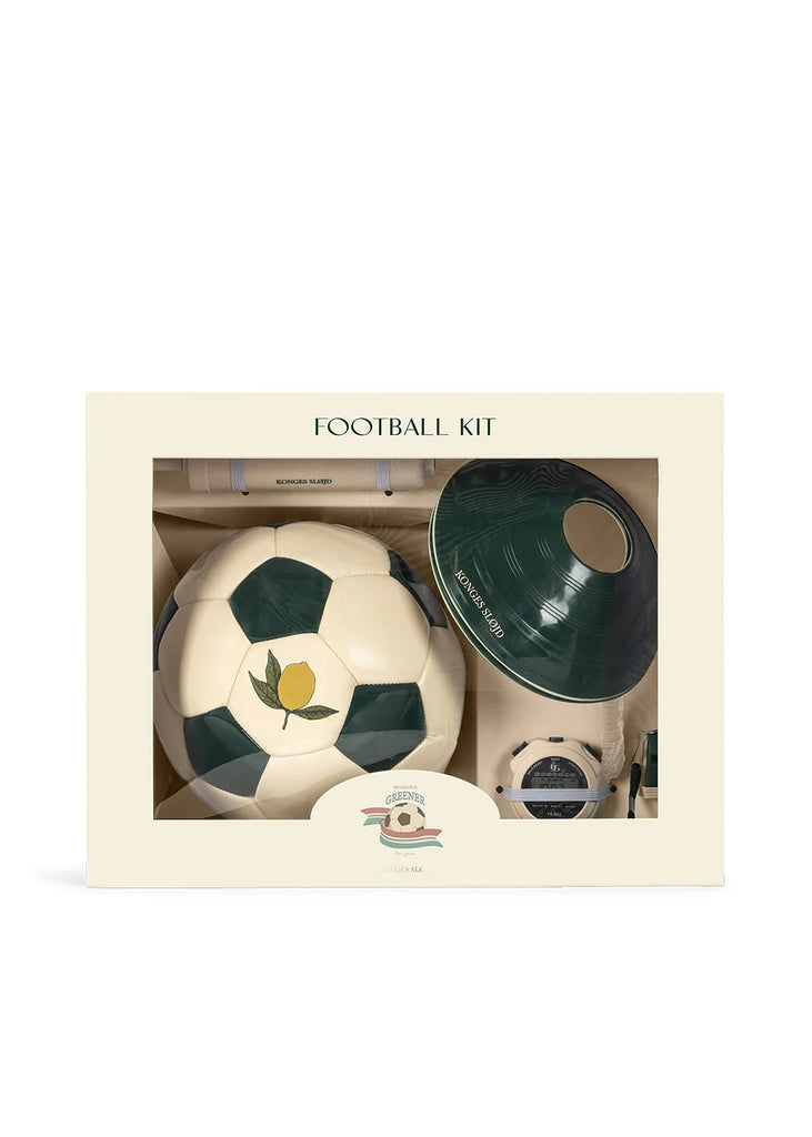 The Konges Sloejd Football Set comes boxed in cream-colored packaging and includes a green and white soccer ball with a lemon graphic, a matching cone, whistle, and water bottle—all ideal for backyard practice or as an exciting football activity set for young players.