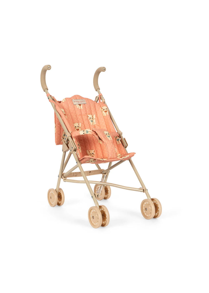 Konges Sloejd Doll Stroller - Ciao Miao Rose, a lightweight beige stroller with a peach-colored fabric seat featuring a floral bear pattern, is shown angled to the right against a white background. Designed with double wheels for smooth maneuverability and ample space in the carriage bag for accessories.