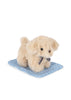 A small, fluffy beige Konges Sloejd Take Care of Me Animals Dog with a dark ribbon around its neck sits on a blue mat with white polka dots, looking up as if to say, “Take care of me.”.