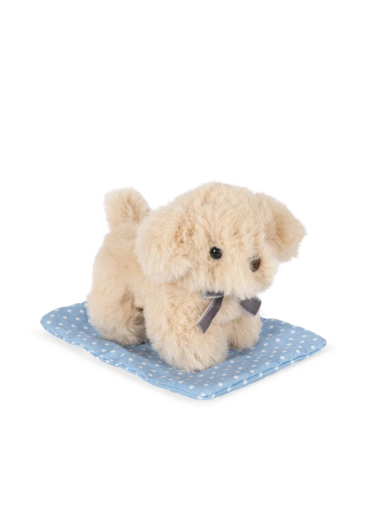 A small, fluffy beige Konges Sloejd Take Care of Me Animals Dog with a dark ribbon around its neck sits on a blue mat with white polka dots, looking up as if to say, “Take care of me.”.