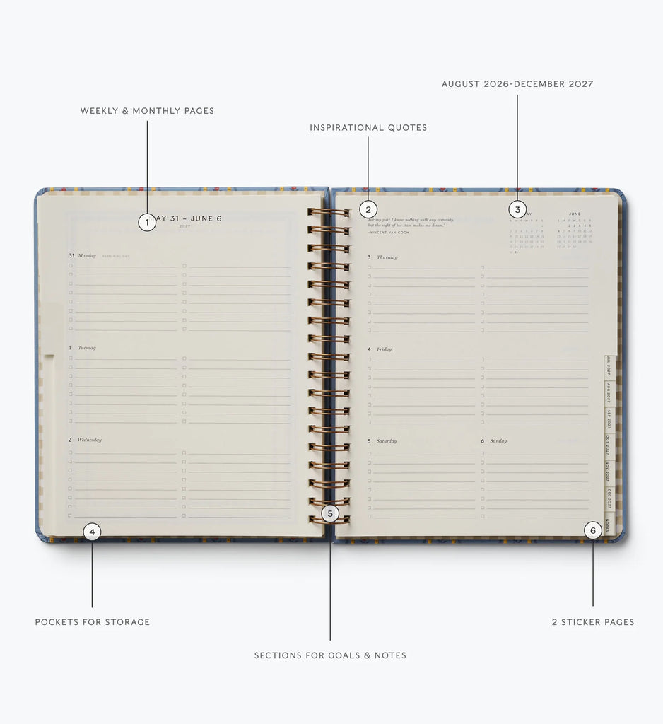 Open spiral-bound Schoolhouse 2027 17-Month Academic Hardcover Planner displaying a weekly layout, with labeled features such as weekly and monthly planning pages, inspirational quotes, convenient storage pockets, dedicated sections for goals and notes, two included sticker sheets, and coverage from August 2026 through December 2027—making it the perfect planner to keep you organized throughout the entire academic year.