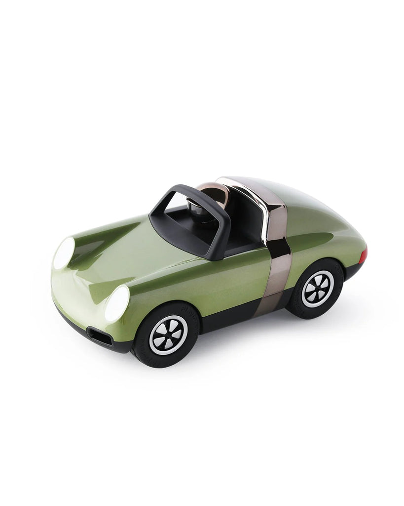 The Playforever Car LUFT HOPPER Green is a small, classic toy car with a green body, black interior, silver stripe detail, round headlights, and black wheels with white hubcaps, shown from a front-side angle.