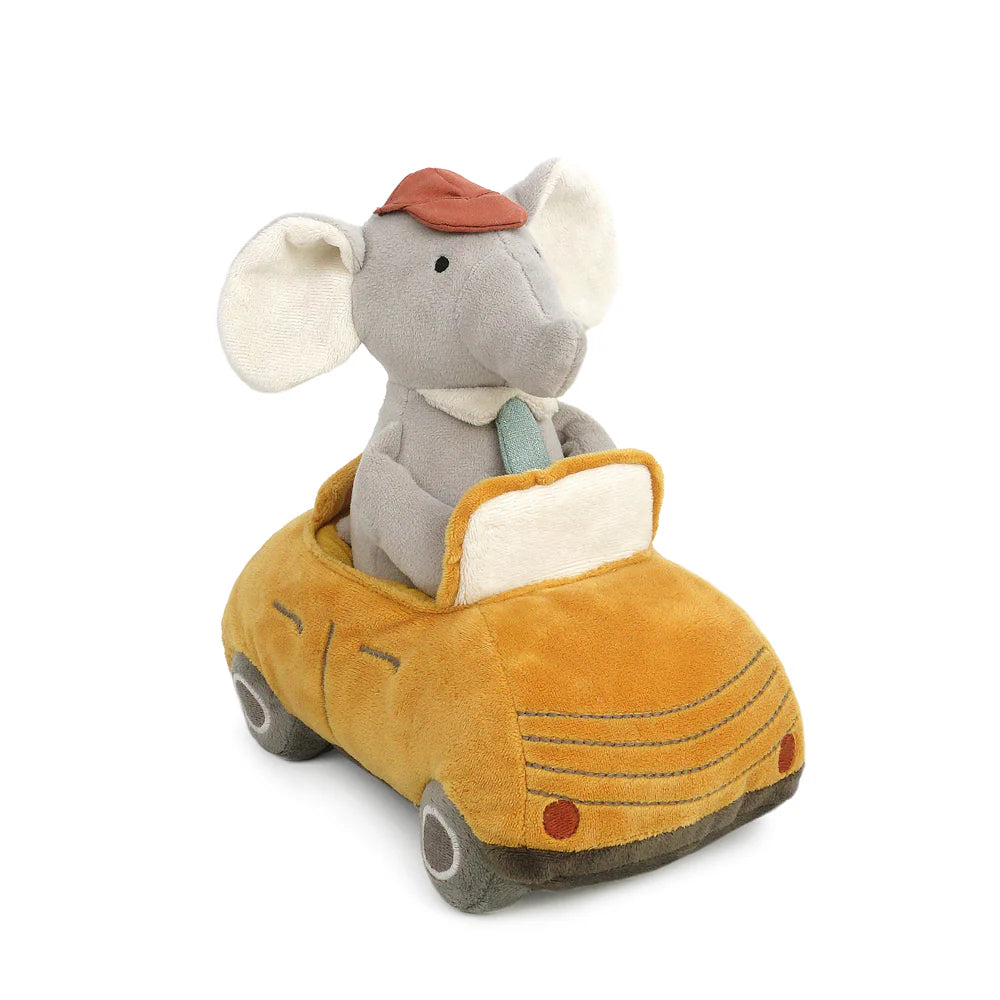The Elephant Driver Plush Toy features a soft elephant wearing a red cap and blue tie, sitting in a plush yellow car with embroidered details and gray wheels.