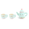The Mon Ami - Afternoon Tea Set Plush Toy features a light blue teapot and two teacups, each decorated with delightful flowers and cheerful faces, all arranged on a white background—perfect cuddly tea party toys for imaginative pretend play.