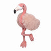 The Bukowski - Phoebe Flamingo is a pink plush with soft fur, fluffy wings, a white beak tip, and black beak accents, standing on one leg against a white background—the perfect gift for any flamingo lover.