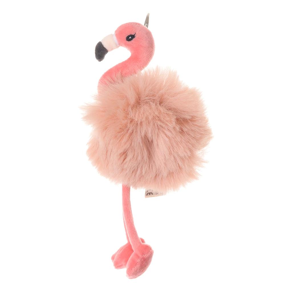 Introducing the Bukowski - Phoebe Flamingo Bag Charm: this adorable plush key ring features a fluffy, round flamingo body, soft pink legs, a black-tipped beak, and a small white tag. Perfect as a pink flamingo keychain or as a charming flamingo accessory for your bag.
