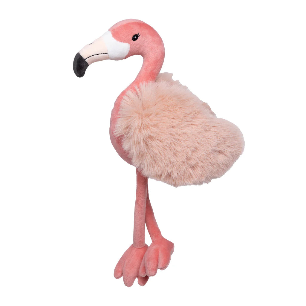 The Bukowski - Phoebe Flamingo plush, featuring fluffy wings, a black-tipped beak, long legs, and embroidered eyes, is displayed on a white background.