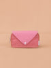 The Sticky Lemon Fanny Pack Small - Envelope - Rosebay Pink is a compact, rectangular bag with a pink flap and button closure, showcasing a red and white gingham front and waterproof recycled PET lining against a peach backdrop.