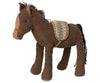 A Maileg Pony (ships in approximately one week) with a corduroy texture and a fabric mane and tail stands upright. It has a soft tan bridle and a patterned saddle blanket with earthy tones draped over its back, ready for the adventure of a lifetime.