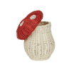 Olli Ella Mushroom Basket With Coloring Pencils- Red: A woodland-inspired wicker basket with a red, white-spotted mushroom lid, partially open to show the beige woven base. Perfect for adding charm or storing included coloring pencils.