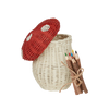 The Olli Ella Mushroom Basket With Coloring Pencils- Red features a woodland-themed, red mushroom-shaped lid with white spots and comes with coloring pencils tied with twine.