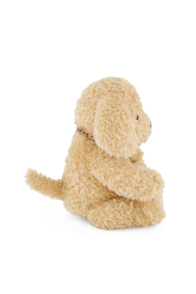 Side profile of Honey the Puppy from the Snuggle Bunnies collection, a tan plush puppy wearing a patterned collar, perfect as a cuddle companion.