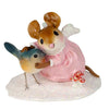 The Wee Forest Folk Tiny Collectible - Loving Angel features a hand sculpted mouse in a pink dress with angel wings hugging a blue and orange bird, standing on a sparkly white base.