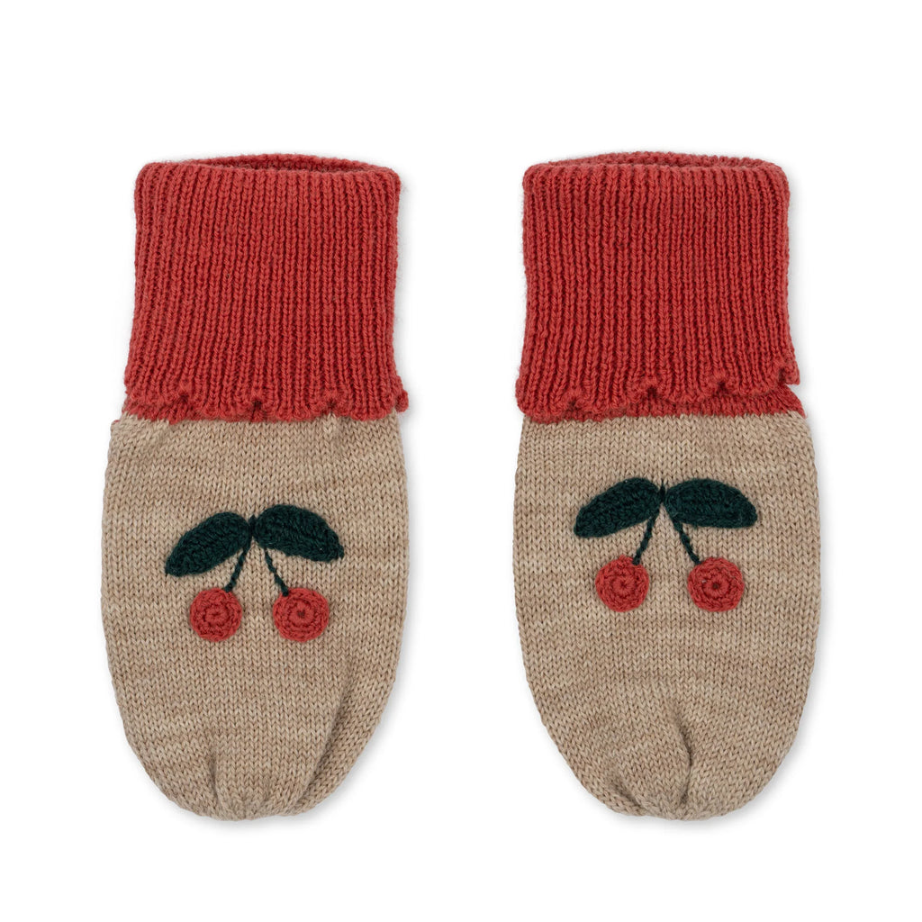 A pair of Sonja Knit Mittens - Beige Melange with a cherry design. The top half is red, and the bottom is beige with embroidered cherries and leaves.