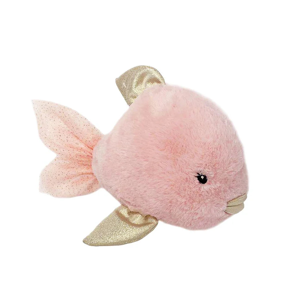 Mon Ami - Crystal the Fish Plush Toy features a plush pink body, sparkly gold fins, and a matching pink shimmery tail. Shown against a white background, this adorable tropical fish plush makes a perfect gift for kids.
