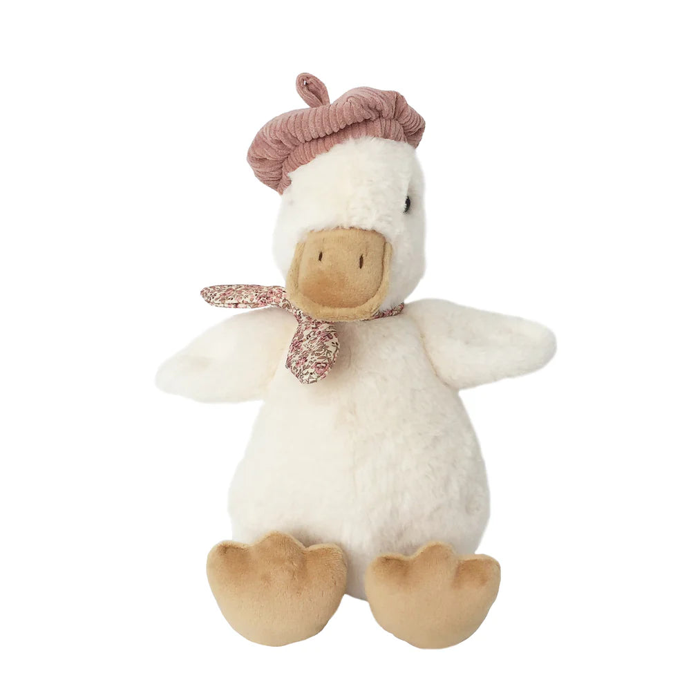 Mon Ami - Colette the Duck Plush Toy features cream-colored fur, a beige beak and feet, a pink beret, and a floral scarf—a delightful French-inspired snuggle gift shown against a white background.