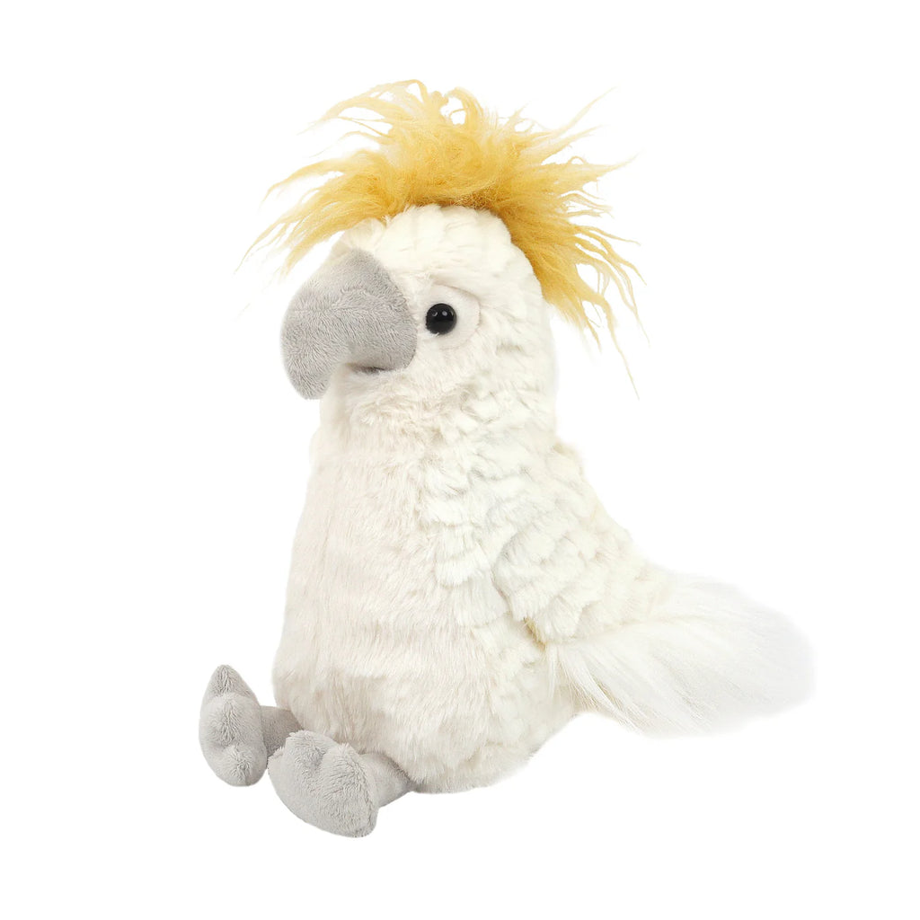 The Mon Ami Tallulah Cockatoo Bird Plush Toy features a fluffy yellow crest, gray beak and feet, and sits upright—an adorable stuffed animal gift for kids.
