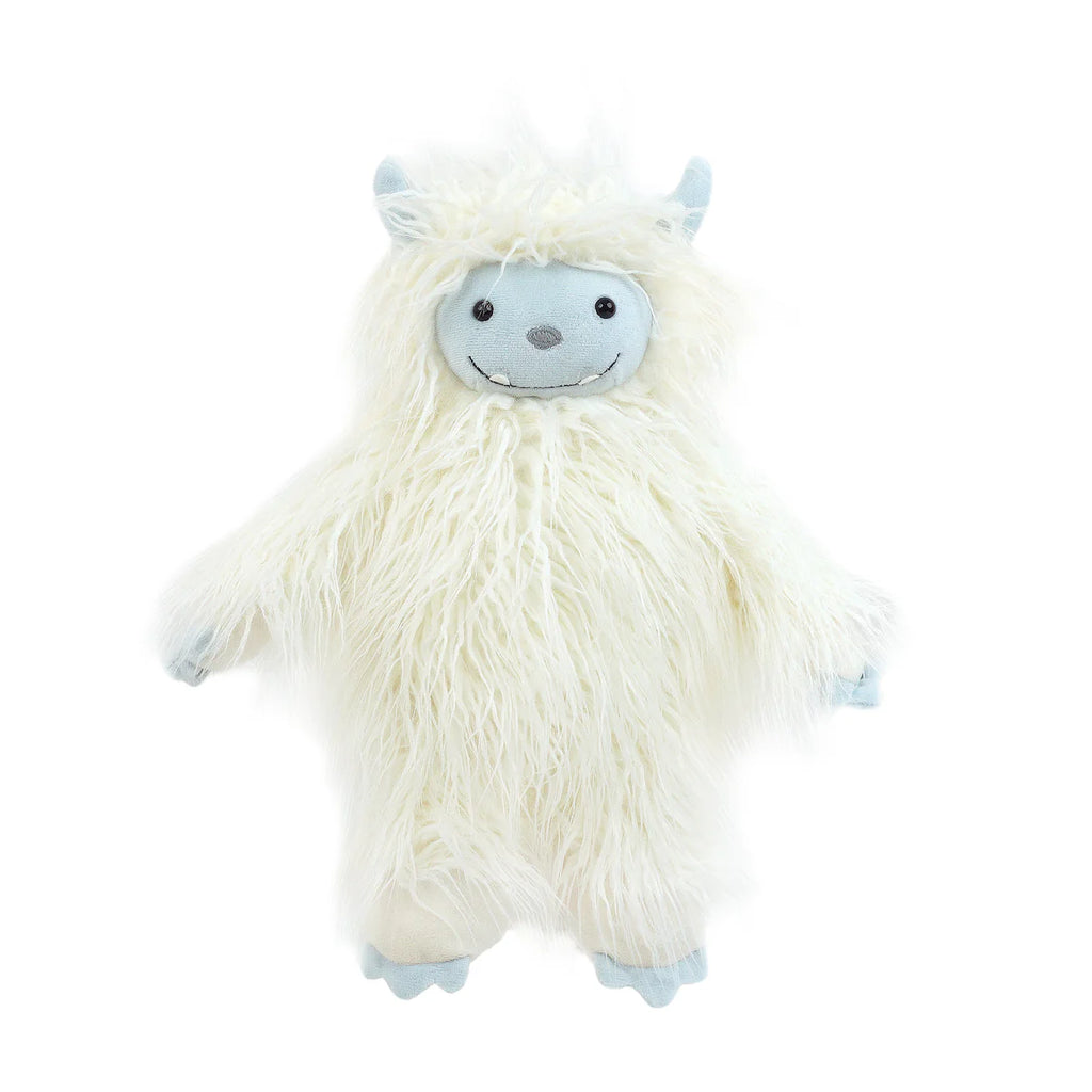 Mon Ami - Yowie the Yeti Plush Toy features shaggy white fur, a light blue face, hands, feet, small horns, and a stitched smile, displayed against a white background.