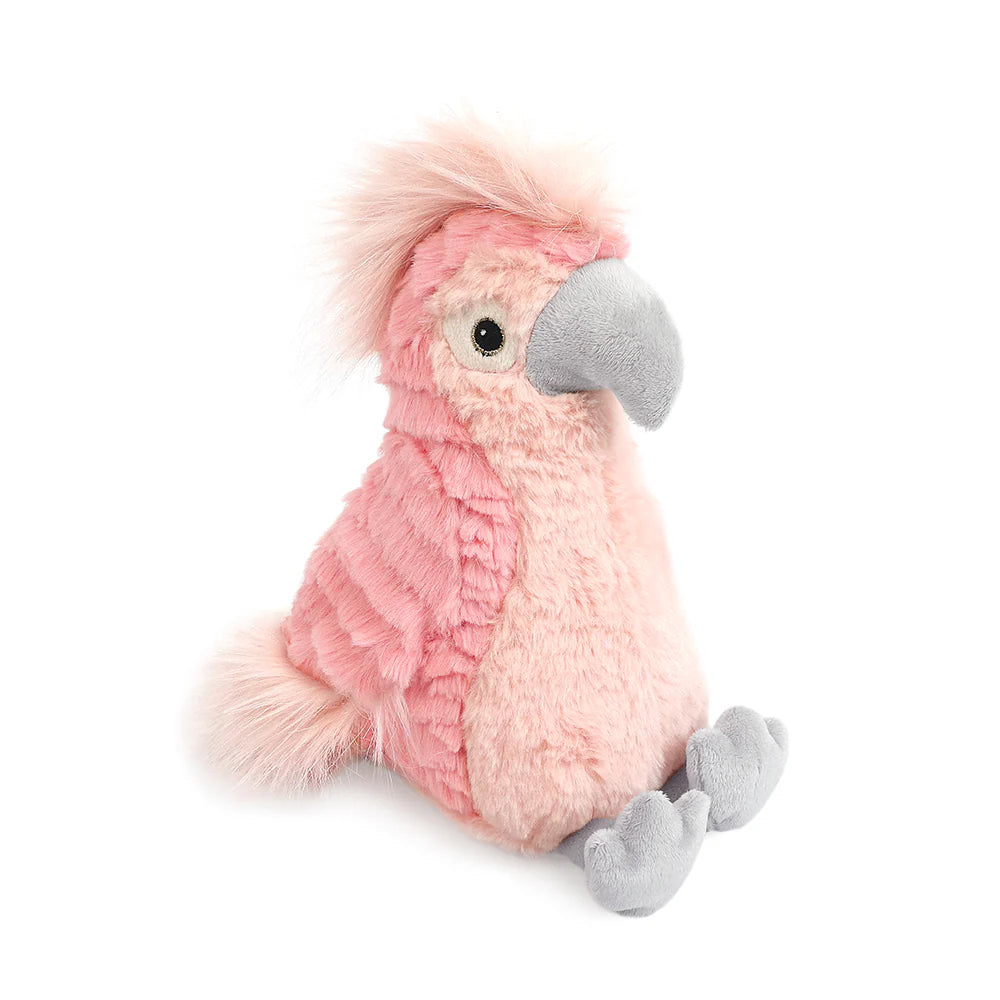 The Lulu Cockatoo Bird Plush Toy features a pink, fluffy crest, gray beak and feet, and sits upright on a white background—an ideal gift for any bird plush lover.