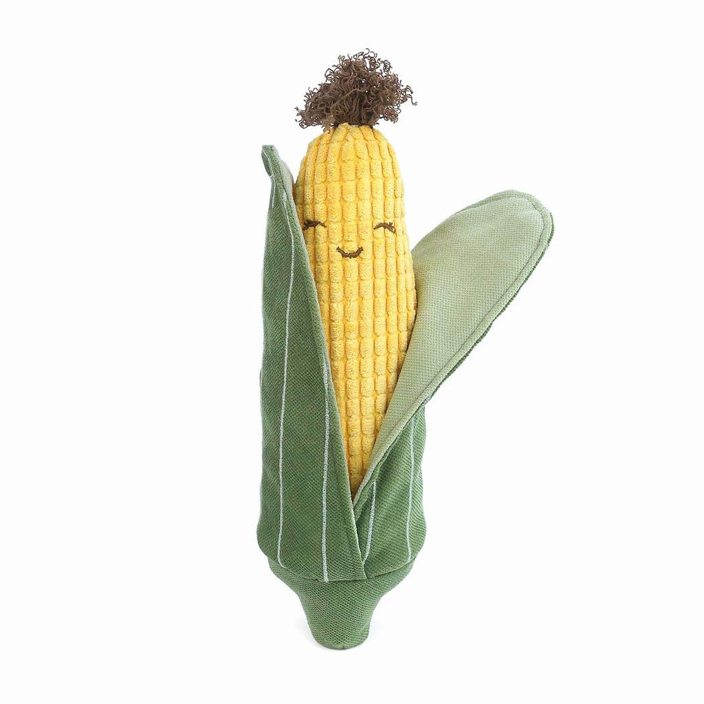 Cornelius Cob Plush Toy is a soft plush shaped like an ear of corn, with green husks, a yellow cob, a smiling face, and a brown tuft on top—making it the perfect gift for kids.