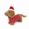 The Mon Ami - Jingle Holiday Dachshund Dog Plush Toy sits on a white background, dressed in a red-and-white striped sweater and red Santa hat with a white pom-pom.