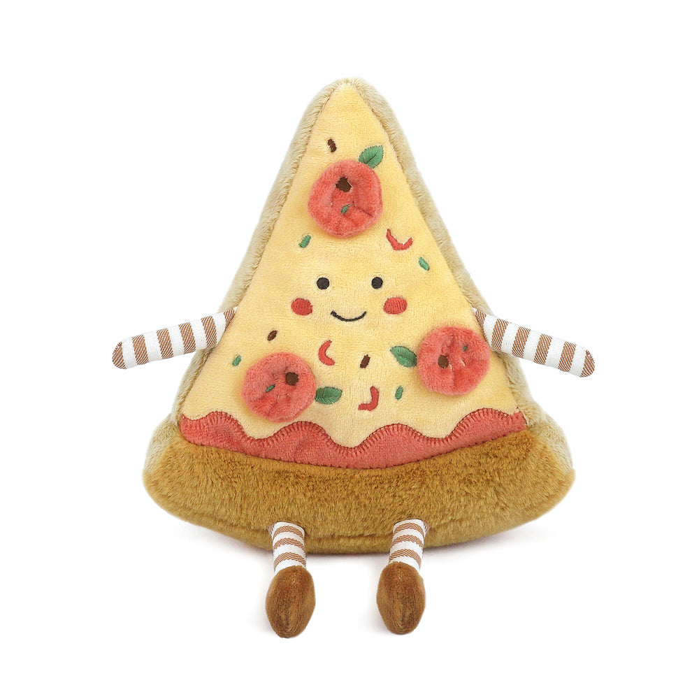 The Cosimo Pizza Slice Plush Toy is an adorable stuffed pizza with a smiling face, red tomato and green pepper accents, striped arms and legs, and a soft, fuzzy crust.
