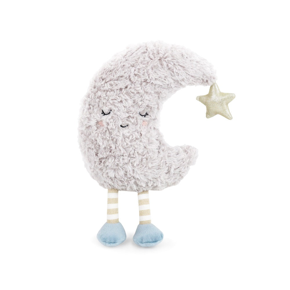 The Moon Beam Plush Toy features embroidered sleepy eyes, a smiling mouth, a dangling star, and striped legs with blue feet—making it an adorable baby gift for naptime or nursery décor.