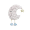 The Moon Beam Plush Toy features embroidered sleepy eyes, a smiling mouth, a dangling star, and striped legs with blue feet—making it an adorable baby gift for naptime or nursery décor.