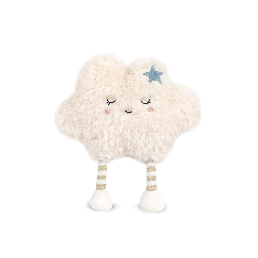 The Mon Ami - Soft Cloud Plush Toy features a fluffy white design, closed eyes, a small smile, beige striped legs with white feet, and a blue star—an adorable cuddly gift for kids.