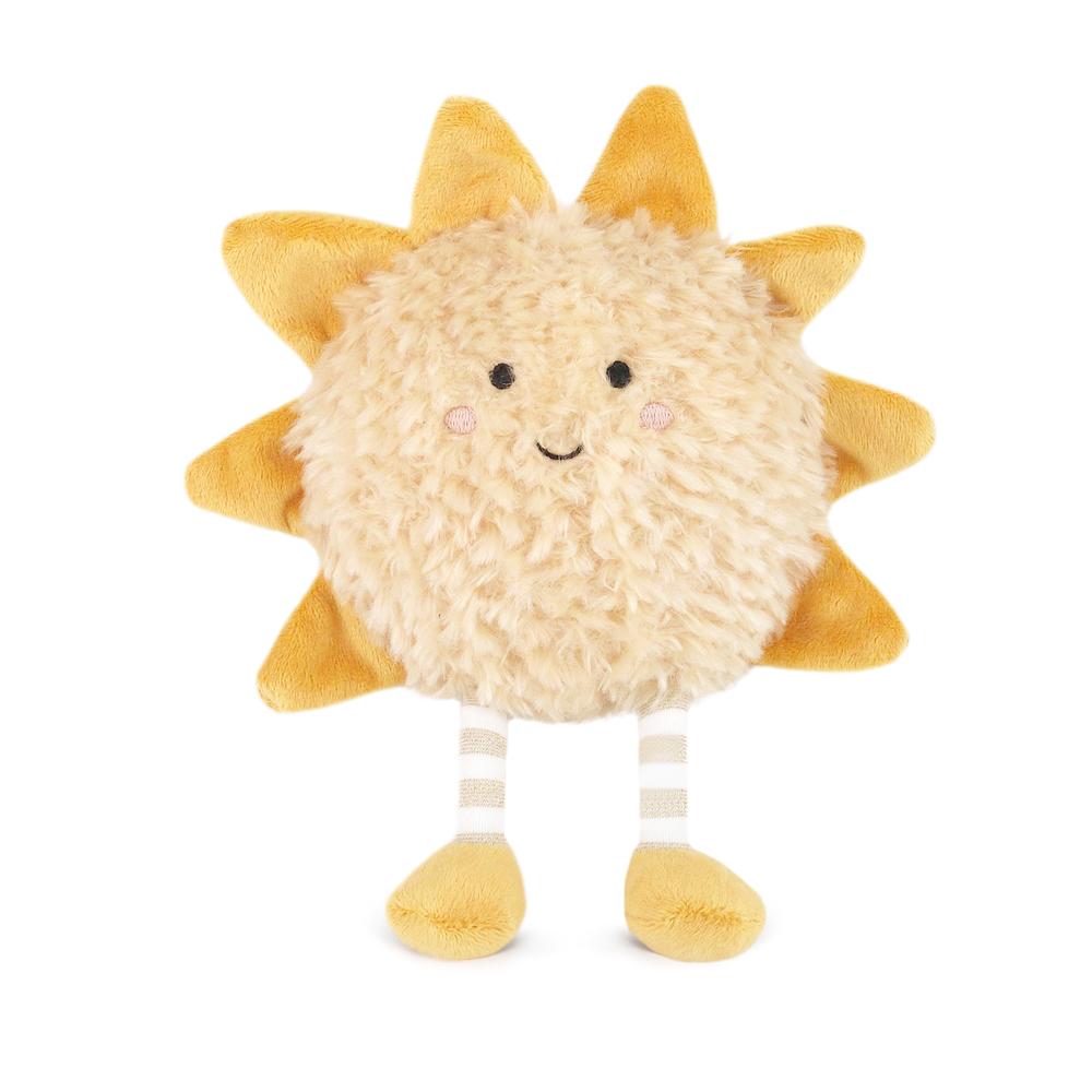 The Sun Beam Plush Toy is a cuddly sun-shaped plush with a fluffy yellow center, soft orange rays, stitched smile, pink cheeks, and dangling legs—ideal as nursery decor or a cheerful companion for kids.
