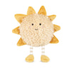 The Sun Beam Plush Toy is a cuddly sun-shaped plush with a fluffy yellow center, soft orange rays, stitched smile, pink cheeks, and dangling legs—ideal as nursery decor or a cheerful companion for kids.