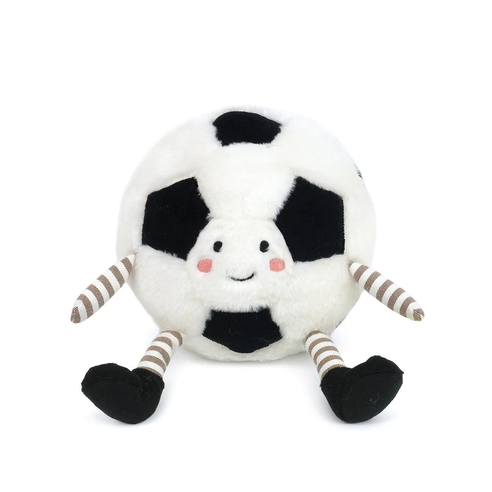 Mon Ami’s Sergio Soccer Ball - Large is a plush soccer player shaped like a soccer ball, featuring a smiling face, rosy cheeks, striped arms and legs, and black shoes. Shown sitting against a white background, it’s the perfect soccer gift for fans of all ages.