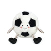 Mon Ami’s Sergio Soccer Ball - Large is a plush soccer player shaped like a soccer ball, featuring a smiling face, rosy cheeks, striped arms and legs, and black shoes. Shown sitting against a white background, it’s the perfect soccer gift for fans of all ages.