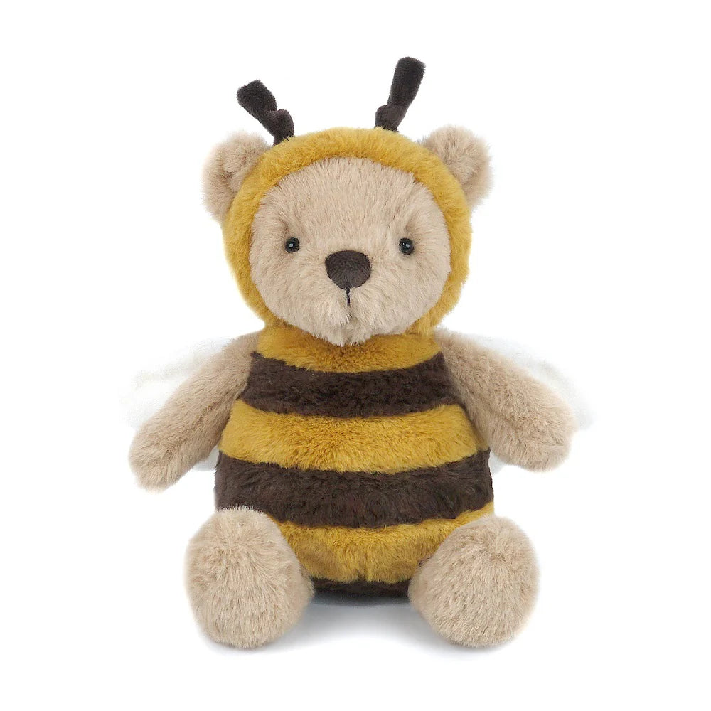 The MON AMI Bee Bear Plush Toy sits upright against a white background, dressed in a yellow and brown striped bee costume with wings and antennae—an adorable addition to any stuffed animal collection.