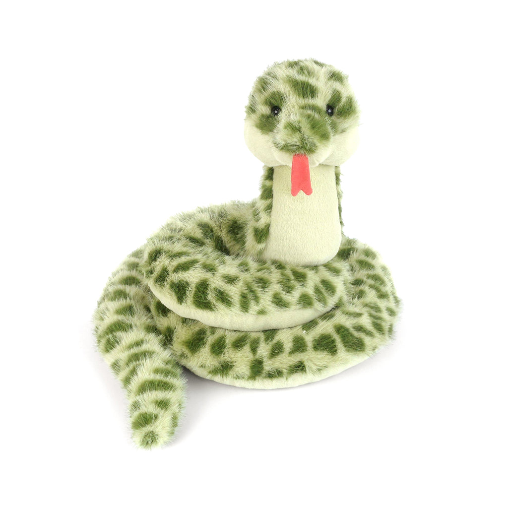 The Slyde Spotted Snake Plush Toy is a soft green and white stuffed snake with dark spots, a small red felt tongue, round black eyes, and a friendly, cartoon-like face—perfect for cuddling.