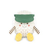 The Mon Ami TeeTee Golf Ball Plush Toy features a round, fluffy white body, yellow feet, striped brown arms, rosy cheeks, a cute smile, and a green visor—an adorable golf gift for kids.
