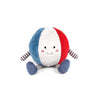 The Mon Ami - Beach Ball Plush Toy is a round plush with blue, white, and red panels, a smiling face, striped arms and legs, and blue feet—an adorable gift for any occasion.