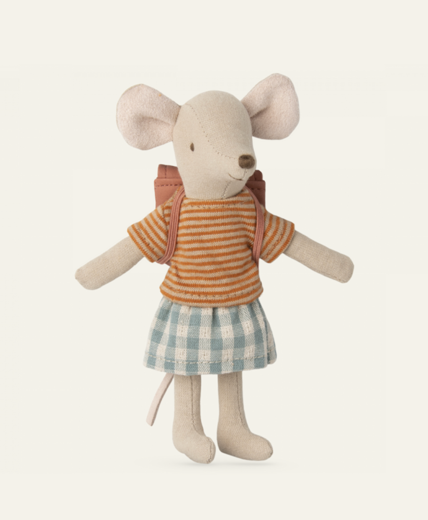 The Easter Basket Gift Set features a soft toy mouse in an orange striped shirt, blue and white checkered skirt, and pink backpack, standing upright against a light background.
