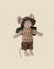 A charming Maileg Hiker Mouse, Big Brother doll, wearing a beige fair isle sweater, brown shorts, and a cute gray hat, sits against a soft beige background.