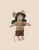 The Maileg x Fagus Limited Edition Tractor Set features a Hiker Mouse in a patterned sweater, brown shorts, green backpack, and floppy hat, posed on a beige background—perfect for any collector.