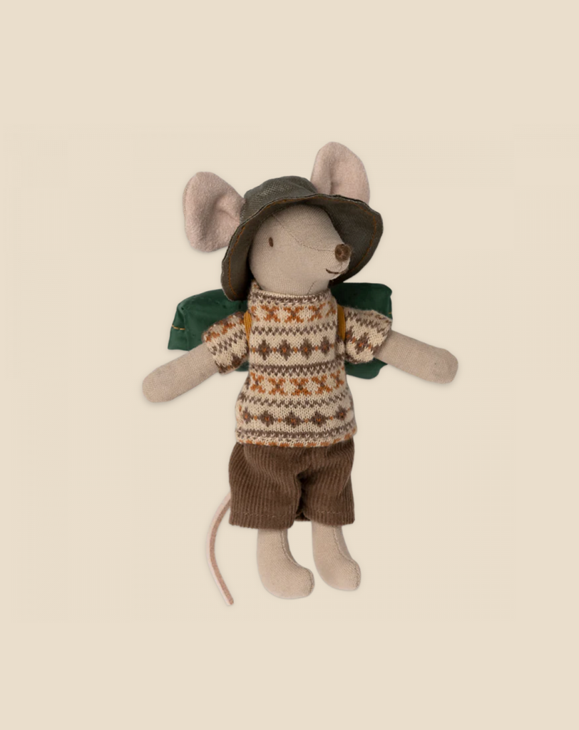 The Maileg x Fagus Limited Edition Tractor Set features a Hiker Mouse in a patterned sweater, brown shorts, green backpack, and floppy hat, posed on a beige background—perfect for any collector.