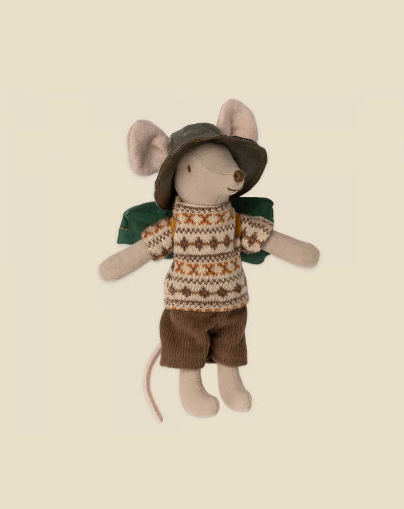 A plush toy Maileg Happy Camper Set - Gift Wrapped wearing a knitted sweater, brown shorts, and a gray hat, set against a pale background.